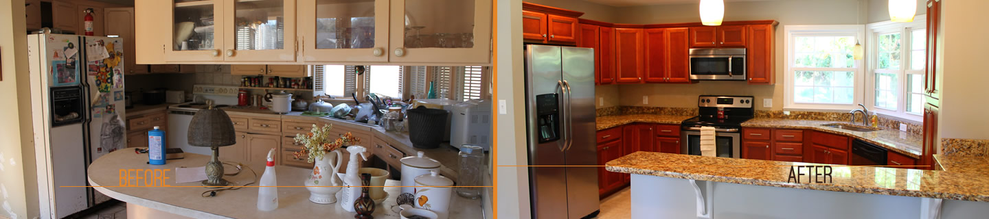 Kitchen renovation before and after managed by Anchored Second Home Management
